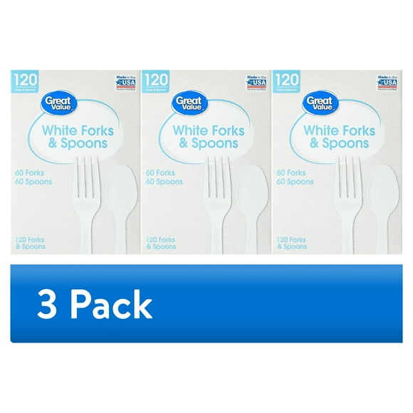 (3 pack) Great Value Disposable Plastic White Forks and Spoons, 120 Count includes 60F/60S