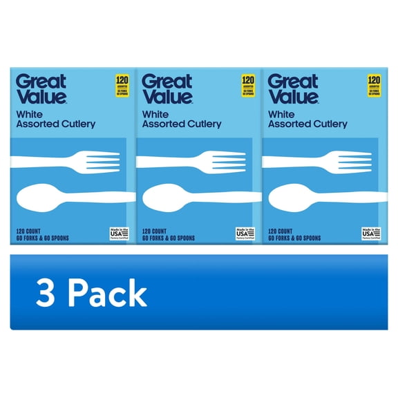 (3 pack) Great Value Everyday Disposable Plastic Forks and Spoons, White, 120 Count, 60 Forks and 60 Spoons