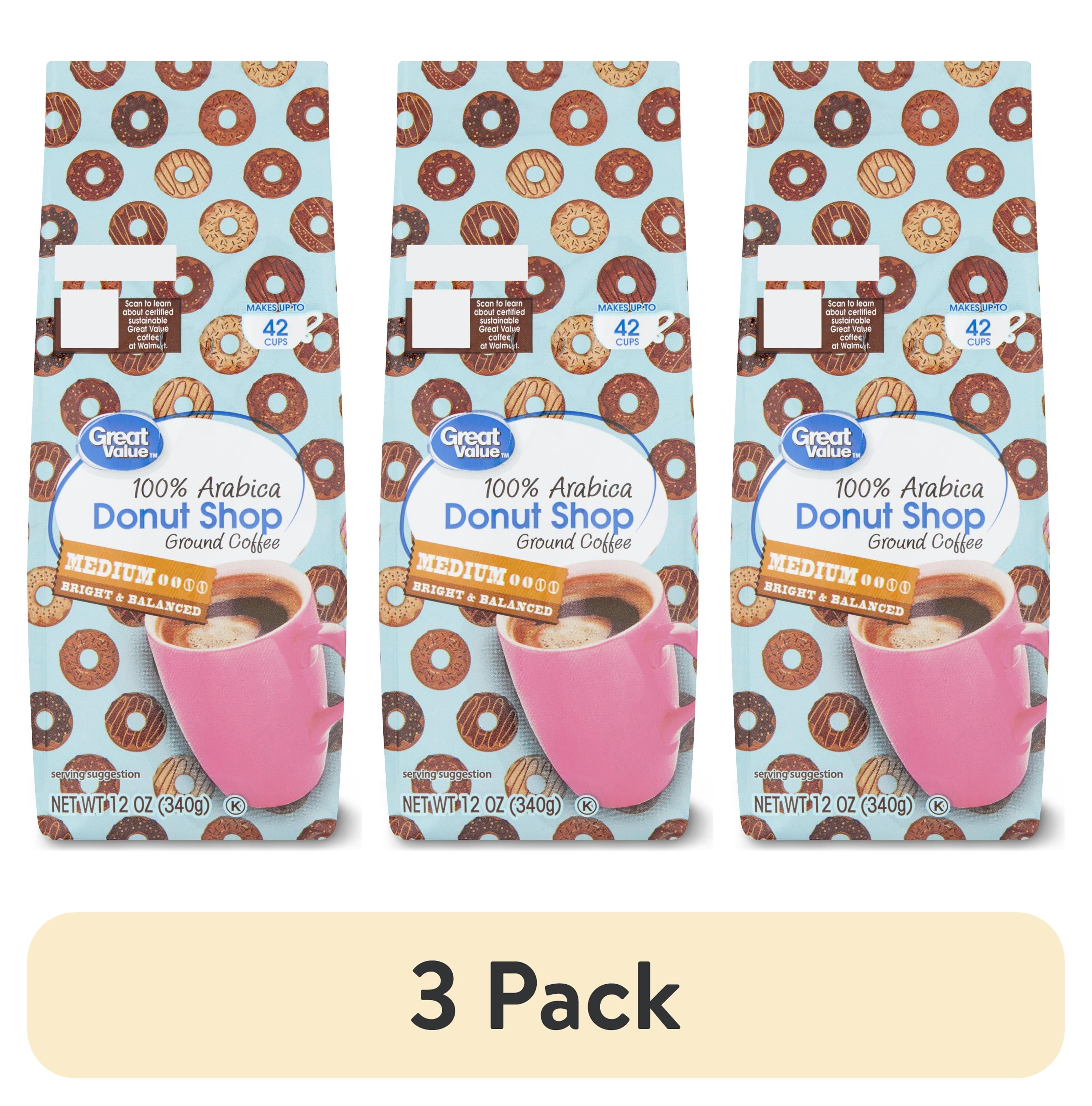 (3 pack) Great Value Donut Shop, 100% Arabica, Medium Roast, Ground Coffee, 12 oz