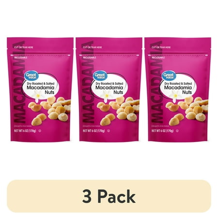 (3 pack) Great Value Dry Roasted & Salted Macadamia Nuts, 6 oz