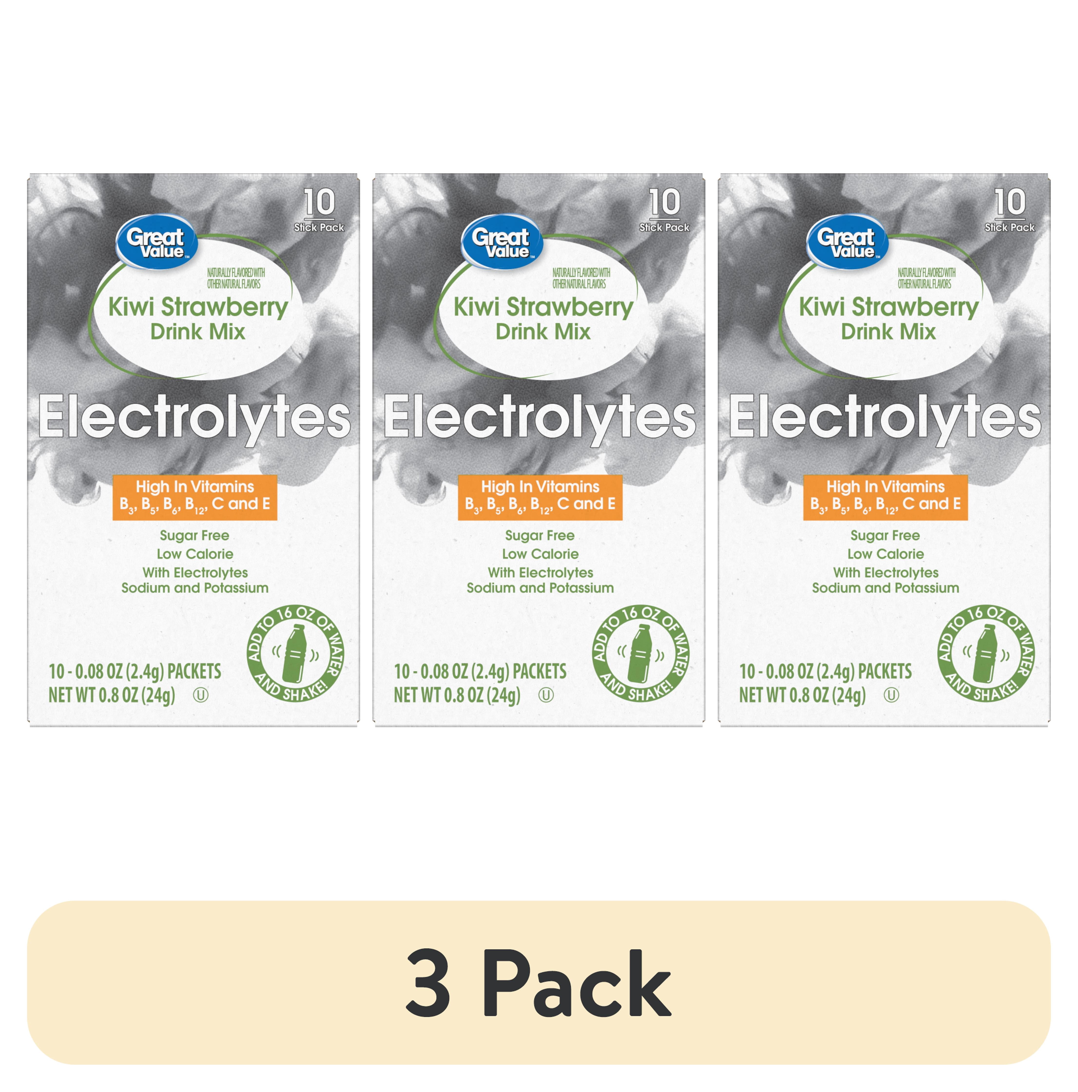 (3 pack) Great Value Electrolyte Vitamin Enhanced Strawberry Kiwi Drink Mix, 0.08 oz, 10 Count