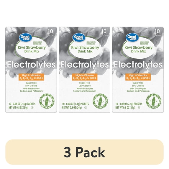 (3 pack) Great Value Electrolyte Vitamin Enhanced Strawberry Kiwi Drink Mix, 0.08 oz, 10 Count