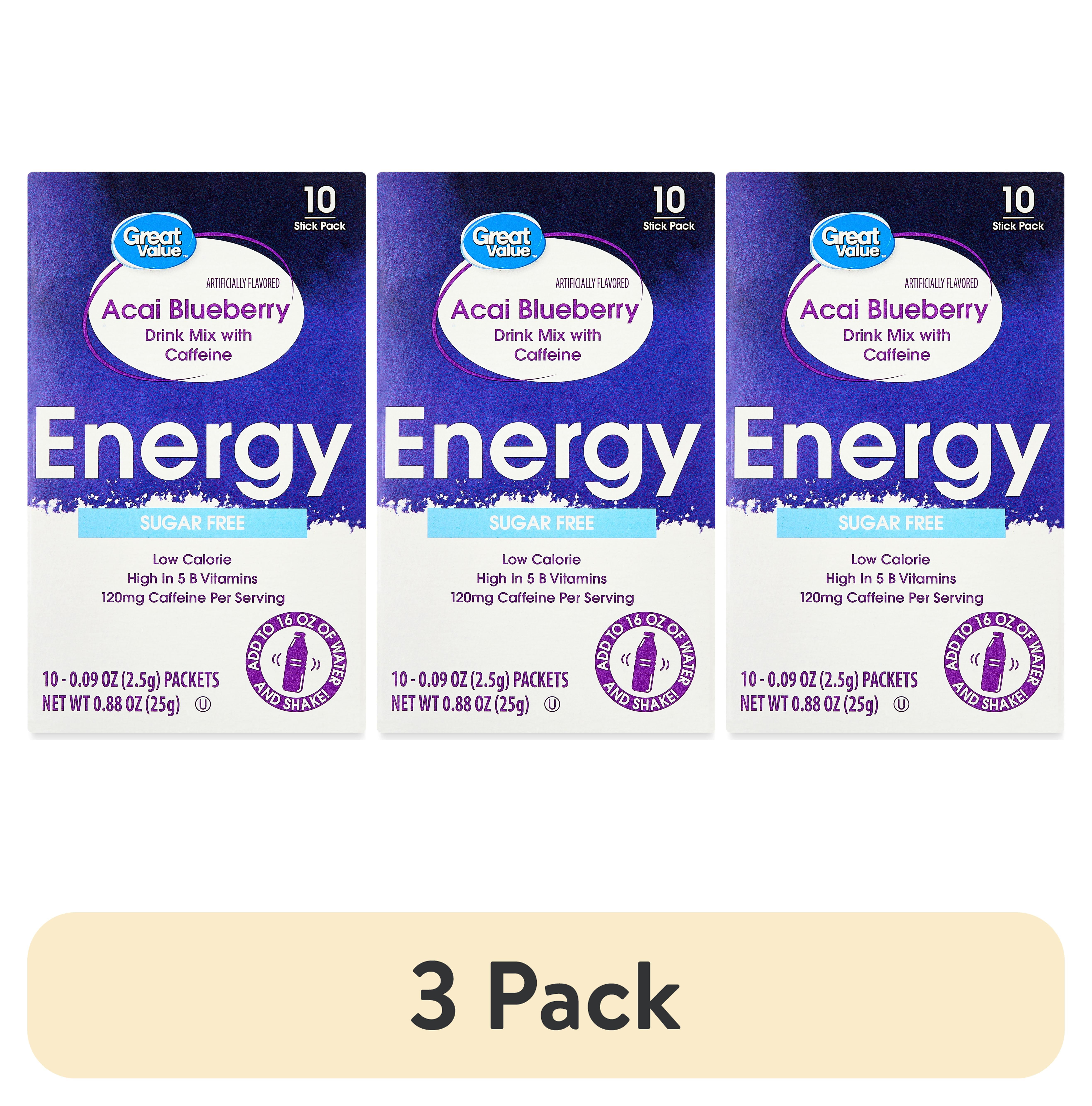 (3 pack) Great Value Sugar Free Blueberry Acai Energy Drink Mix, 0.08 oz, 10 Packets