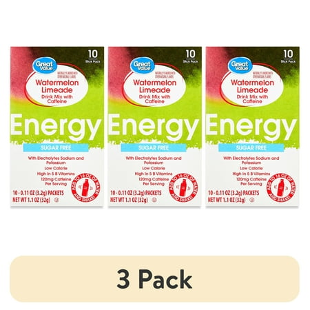 (3 pack) Great Value Energy Electrolyte Watermelon Limeade Liquid Drink Mix, Sugar-Free, 1.1 oz, 10 Packet