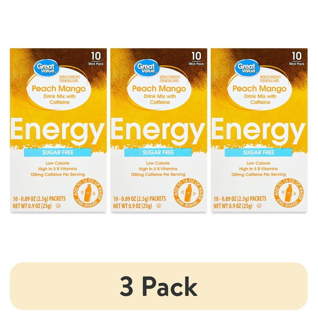 (3 pack) Great Value Energy Peach Mango Drink Mix, 0.09 oz, 10 Count