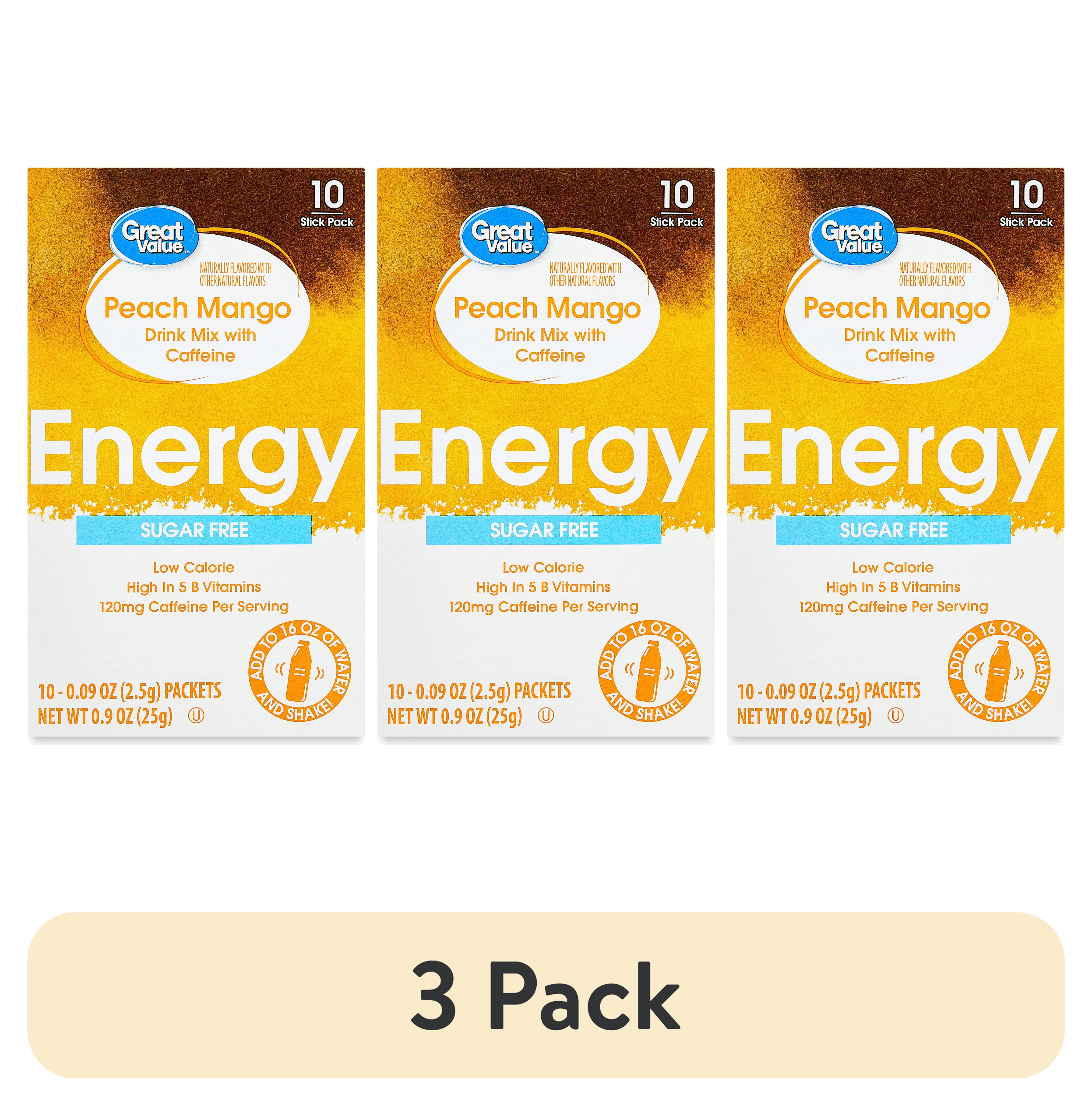 (3 pack) Great Value Energy Peach Mango Drink Mix, 0.09 oz, 10 Count