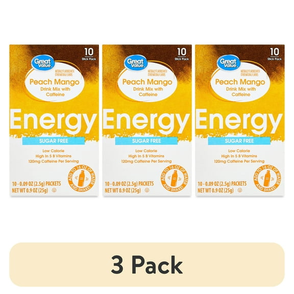 (3 pack) Great Value Energy Peach Mango Drink Mix, 0.09 oz, 10 Count
