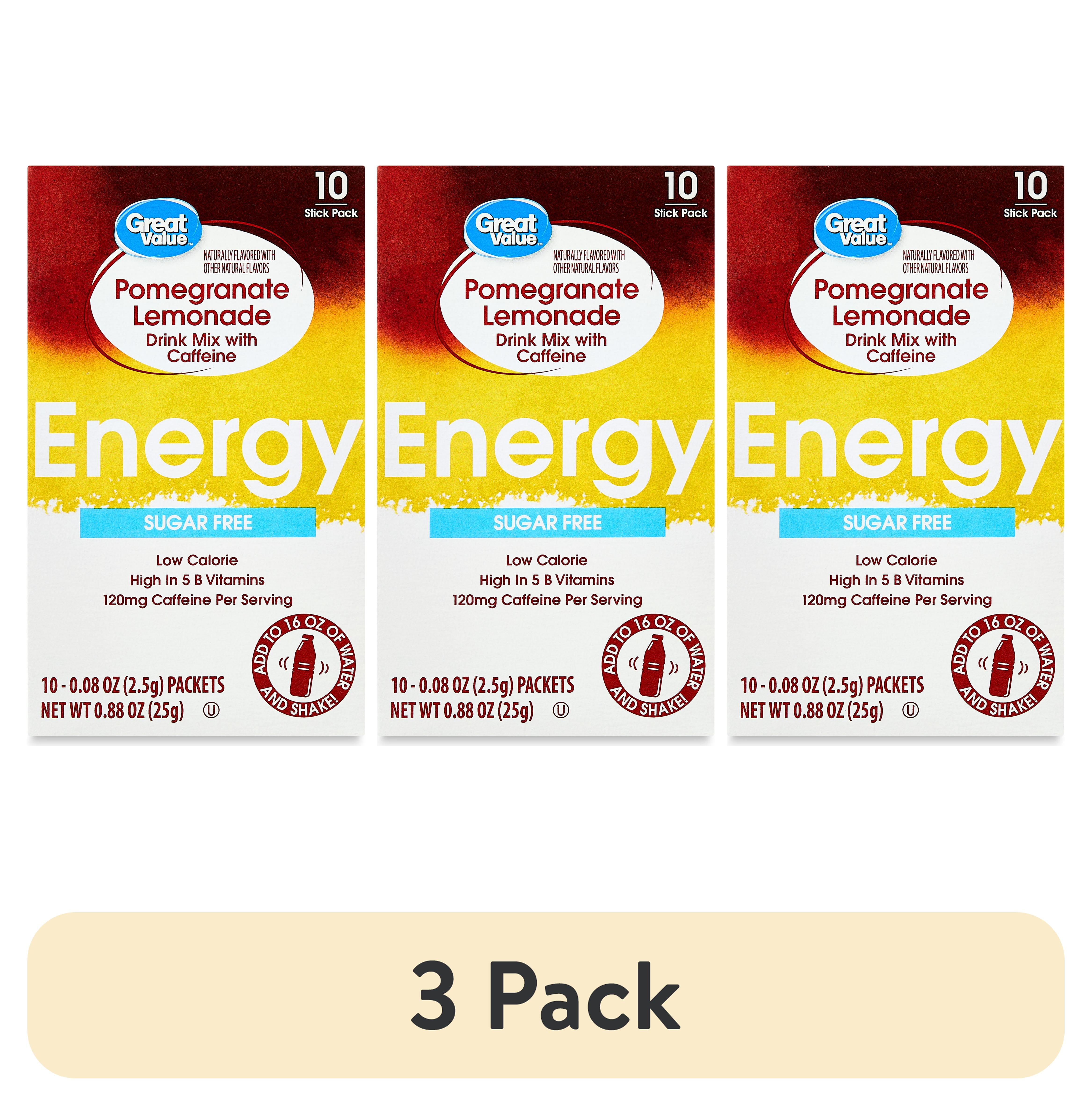 (3 pack) Great Value Energy Pomegranate Lemonade Sugar-Free Drink Mix, 0.09 oz Packets, 10 Count