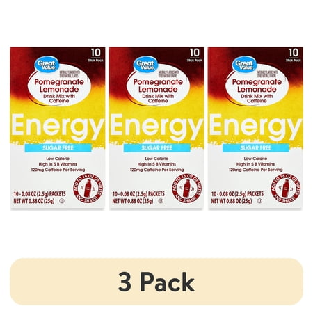 (3 pack) Great Value Energy Pomegranate Lemonade Sugar-Free Drink Mix, 0.09 oz Packets, 10 Count