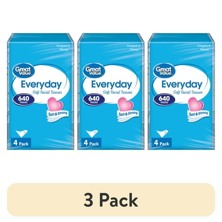 (3 pack) Great Value Everyday Soft Facial Tissues, 4 Flat Cartons, 160 Tissues per Flat, 2-Ply, Compare to Kleenex®