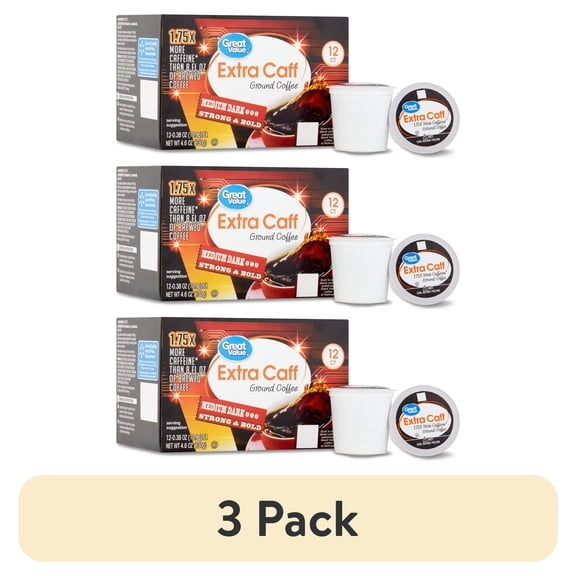 (3 pack) Great Value Extra Caff Medium-Dark Roast Coffee Pods, 12 Ct