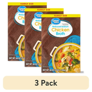 (3 pack) Great Value Family Size Reduced Sodium Chicken Broth, 48 oz Carton, Shelf-Stable/Ambient, Gluten-Free