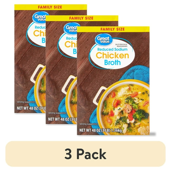 (3 pack) Great Value Family Size Reduced Sodium Chicken Broth, 48 oz Carton, Shelf-Stable/Ambient, Gluten-Free