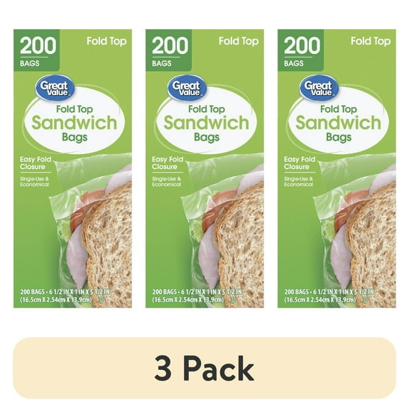 (3 pack) Great Value Fold Top Sandwich Bags, 200 Count