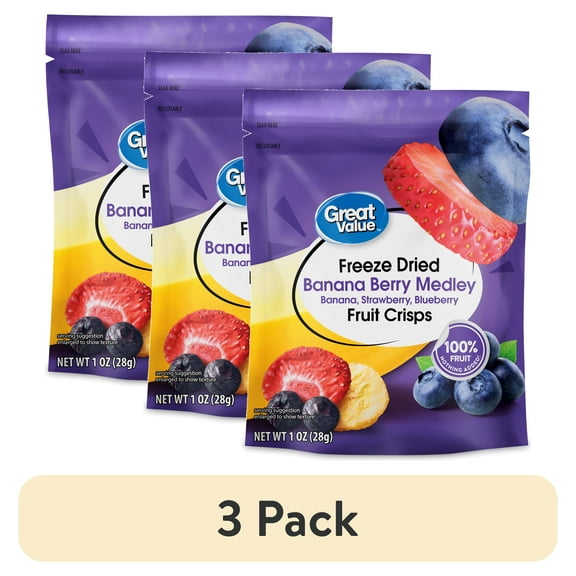 (3 pack) Great Value Freeze Dried Banana Berry Medley Fruit Crisps, 1 oz