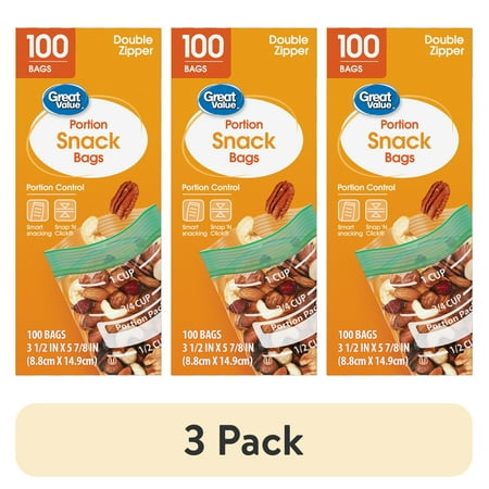 (3 pack) Great Value Fresh Seal Double Zipper Rectangle Portion Snack Bags, 100 Count