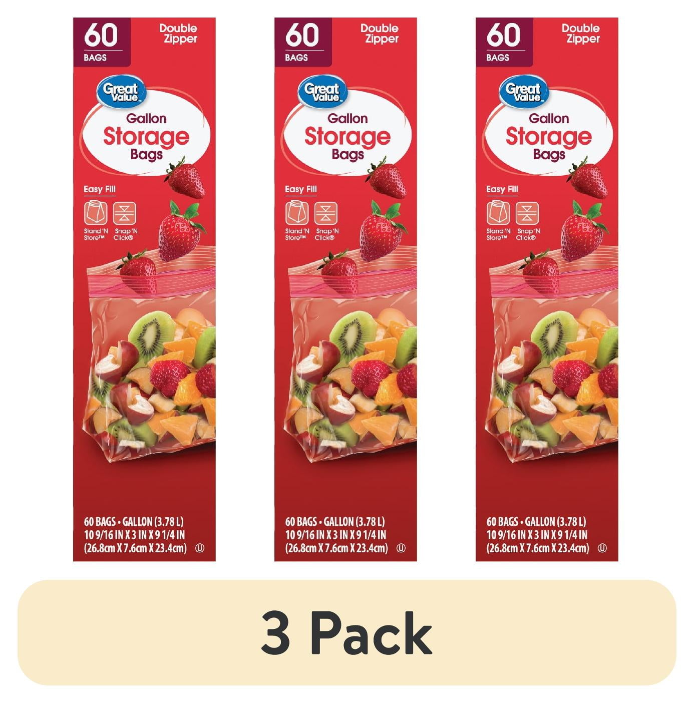 (3 pack) Great Value Double Zipper Gallon Storage Bags, 60 Count