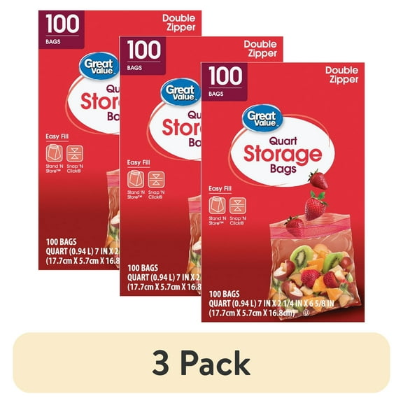 (3 pack) Great Value Fresh Seal Double Zipper Storage Bags, Quart, 100 Count