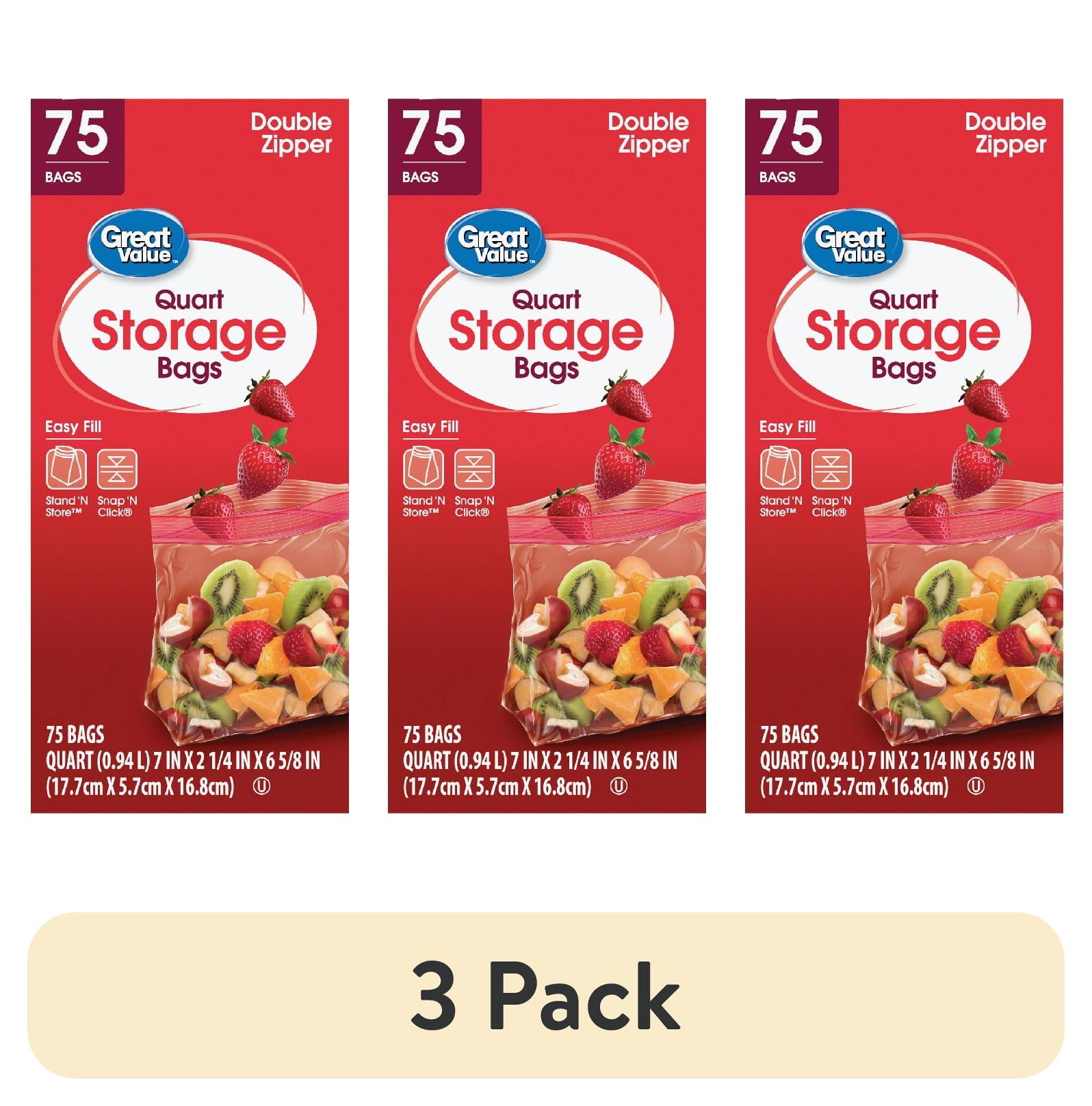 (3 pack) Great Value Fresh Seal Double Zipper Storage Bags, Quart, 75 Count