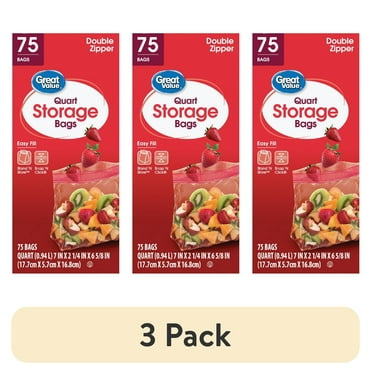 (3 pack) Great Value Fresh Seal Double Zipper Storage Bags, Quart, 75 Count