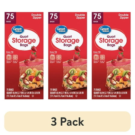 (3 pack) Great Value Fresh Seal Double Zipper Storage Bags, Quart, 75 Count