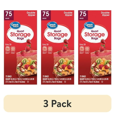 (3 pack) Great Value Fresh Seal Double Zipper Storage Bags, Quart, 75 Count