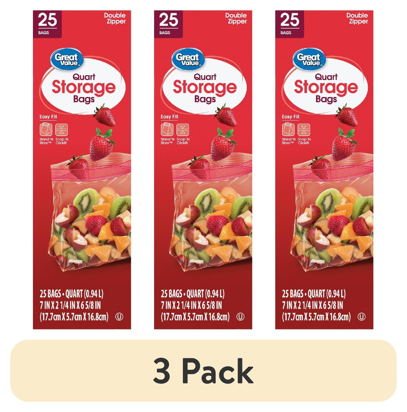 (3 pack) Great Value Fresh Seal Quart Storage Double Zipper Bags, 25 Count