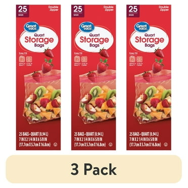 (3 pack) Great Value Fresh Seal Quart Storage Double Zipper Bags, 25 Count