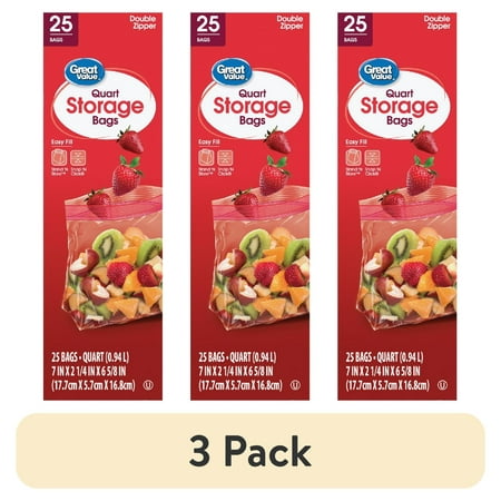 (3 pack) Great Value Fresh Seal Quart Storage Double Zipper Bags, 25 Count