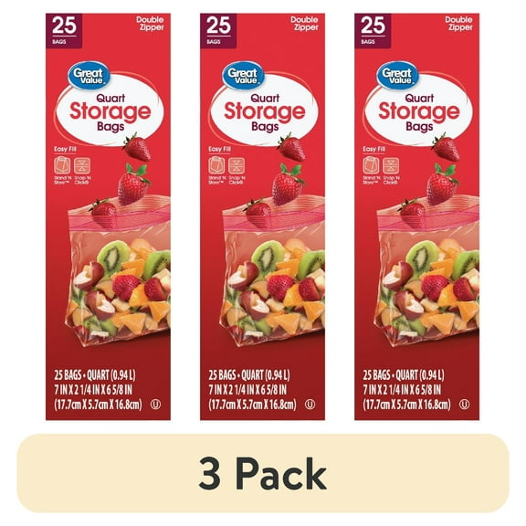 (3 pack) Great Value Fresh Seal Quart Storage Double Zipper Bags, 25 Count