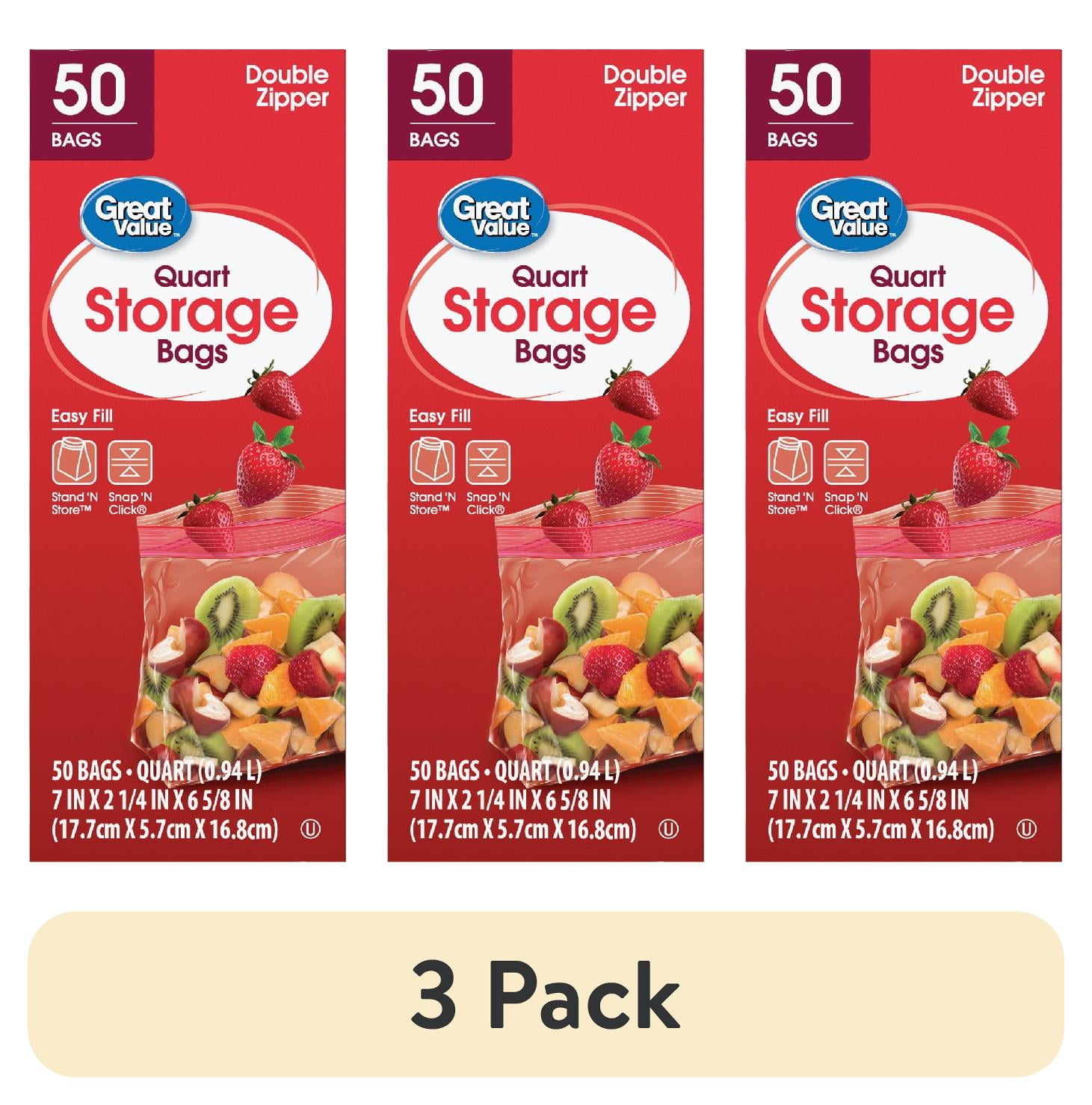 (3 pack) Great Value Fresh Seal Quart Storage Double Zipper Bags, 50 ...