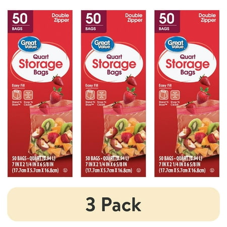 (3 pack) Great Value Fresh Seal Quart Storage Double Zipper Bags, 50 Count