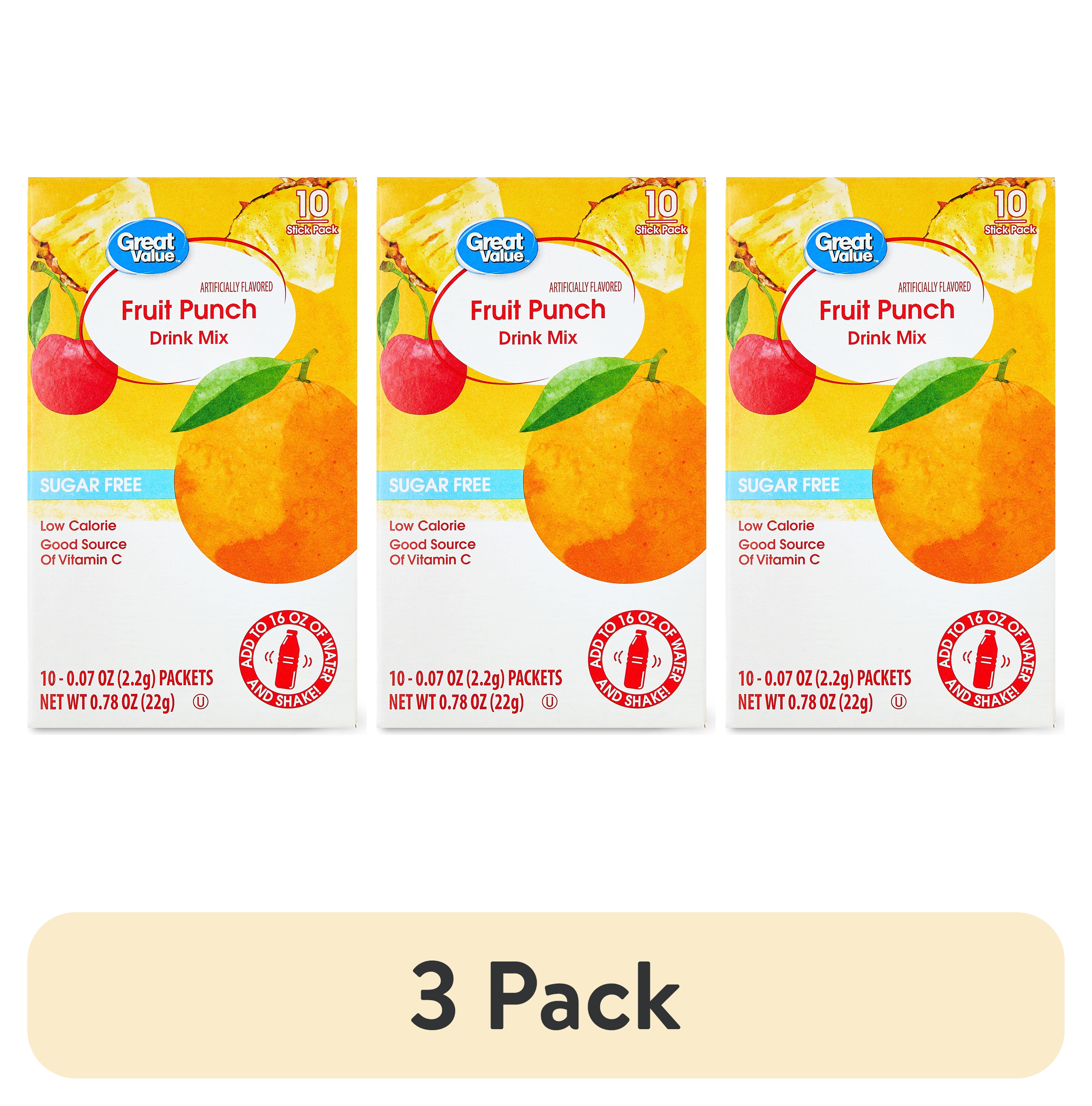 (3 pack) Great Value Sugar-Free Fruit Punch Drink Mix, 0.78 oz, 10 Count