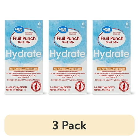 (3 pack) Great Value Fruit Punch Hydration Powdered Liquid Drink Mix, 0.56 oz, 6 Count