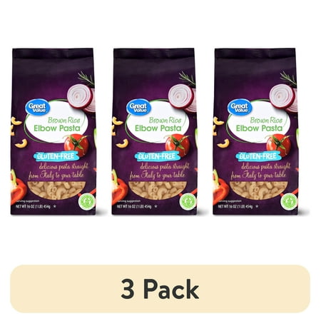 (3 pack) Great Value Gluten Free Brown Rice Elbow Pasta, 16 oz Bag, Shelf-Stable
