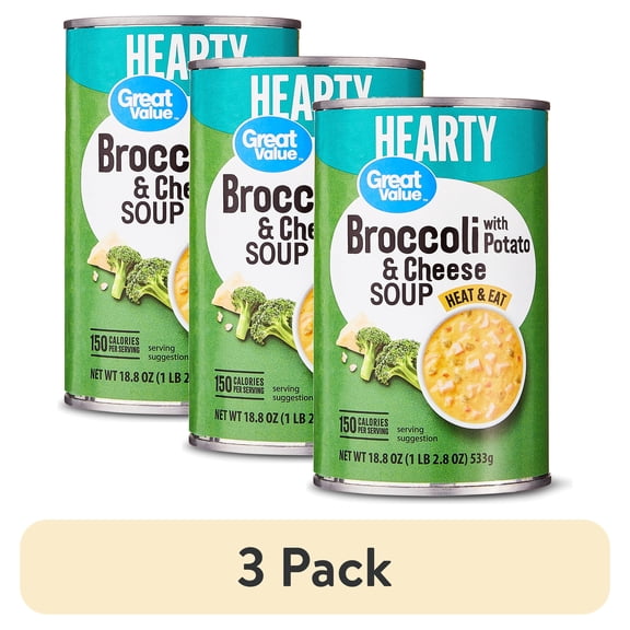 (3 pack) Great Value Hearty Broccoli & Cheese with Potato Soup, 18.8 oz Can Heat & Eat