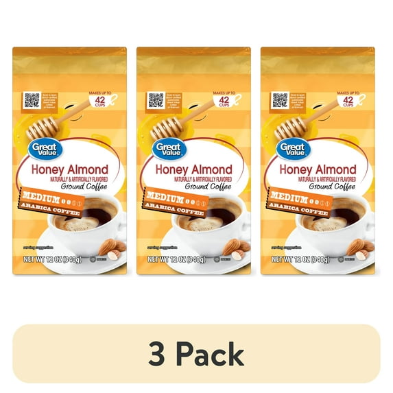 (3 pack) Great Value Honey Almond Medium Roast Ground Coffee, 12 oz