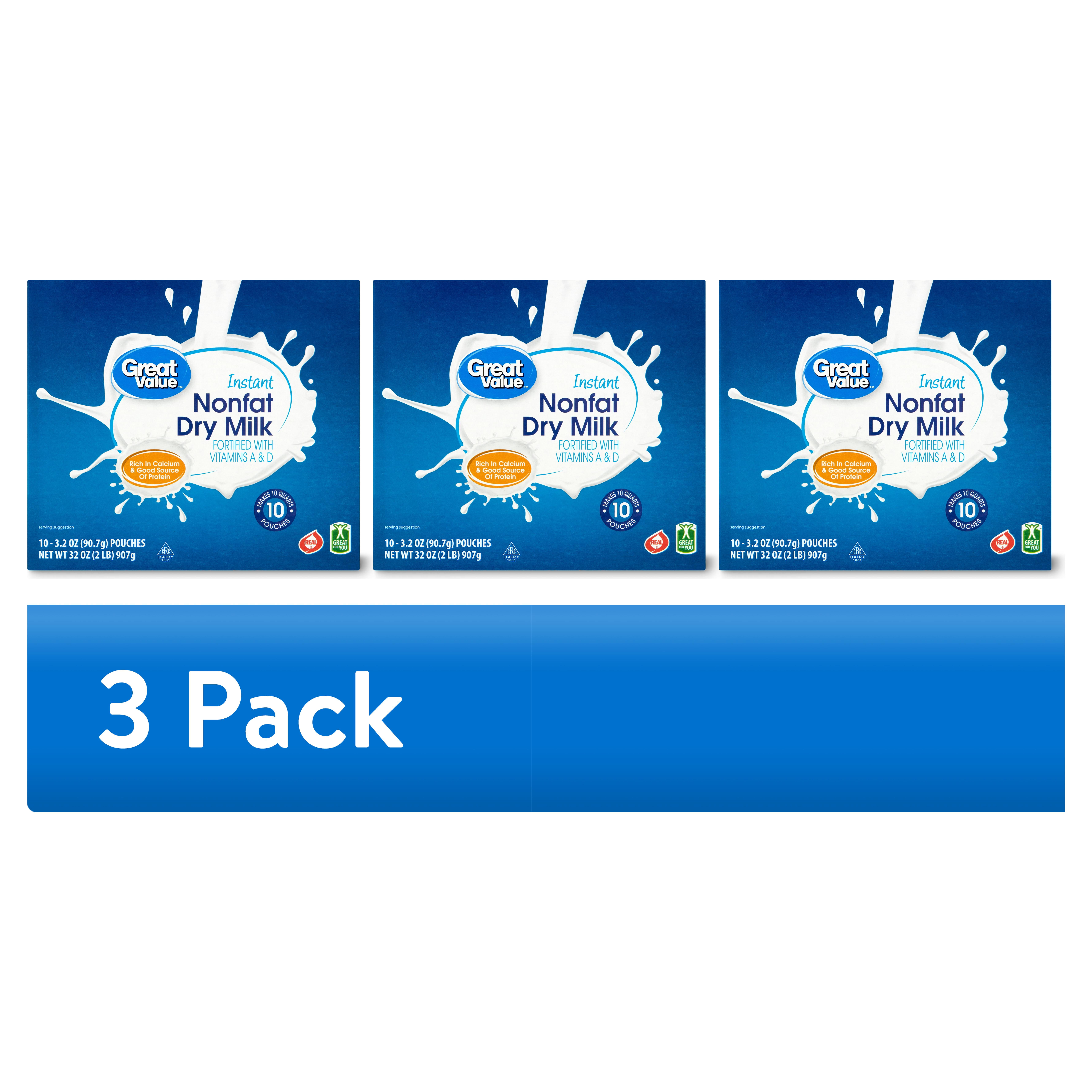 (3 pack) Great Value Instant Nonfat Dry Milk, 3.2 oz Pouches (10 Count), Makes 10 Quarts
