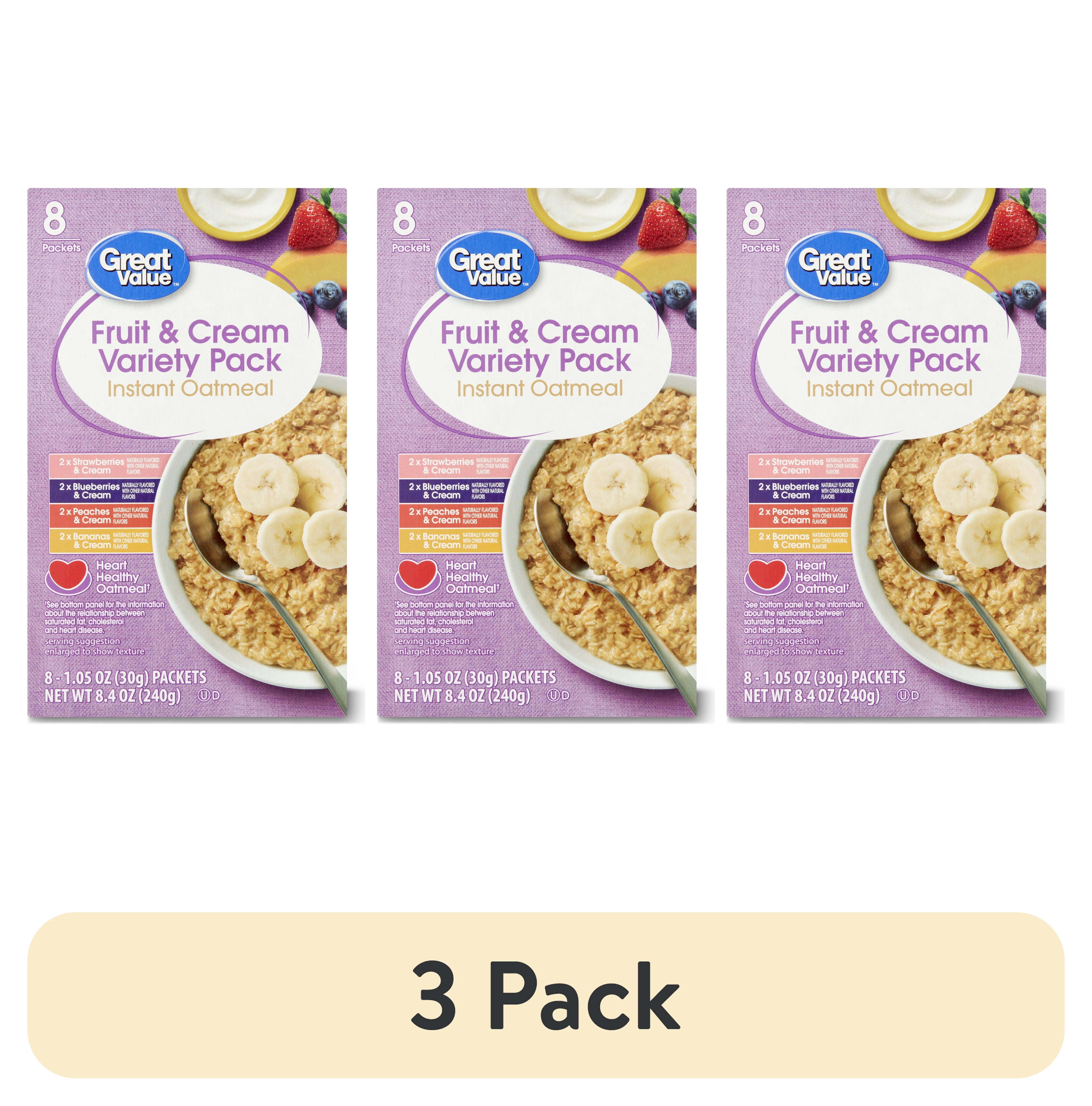 (3 pack) Great Value Instant Oatmeal Fruits and Cream Variety Pack, 1.23 oz, 8 Count