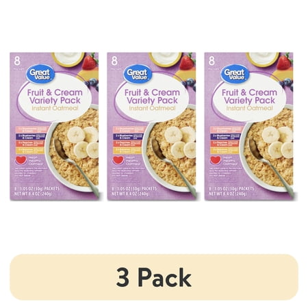 (3 pack) Great Value Instant Oatmeal Fruits and Cream Variety Pack, 1.23 oz, 8 Count