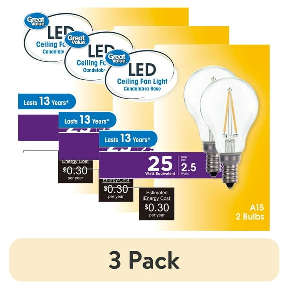 (6 pack) Great Value A15 LED 2.5W (25W Equivalent) Soft White E12 Candelabra Base Ceiling Fan Light Bulbs, Dimmable, 2 Pack