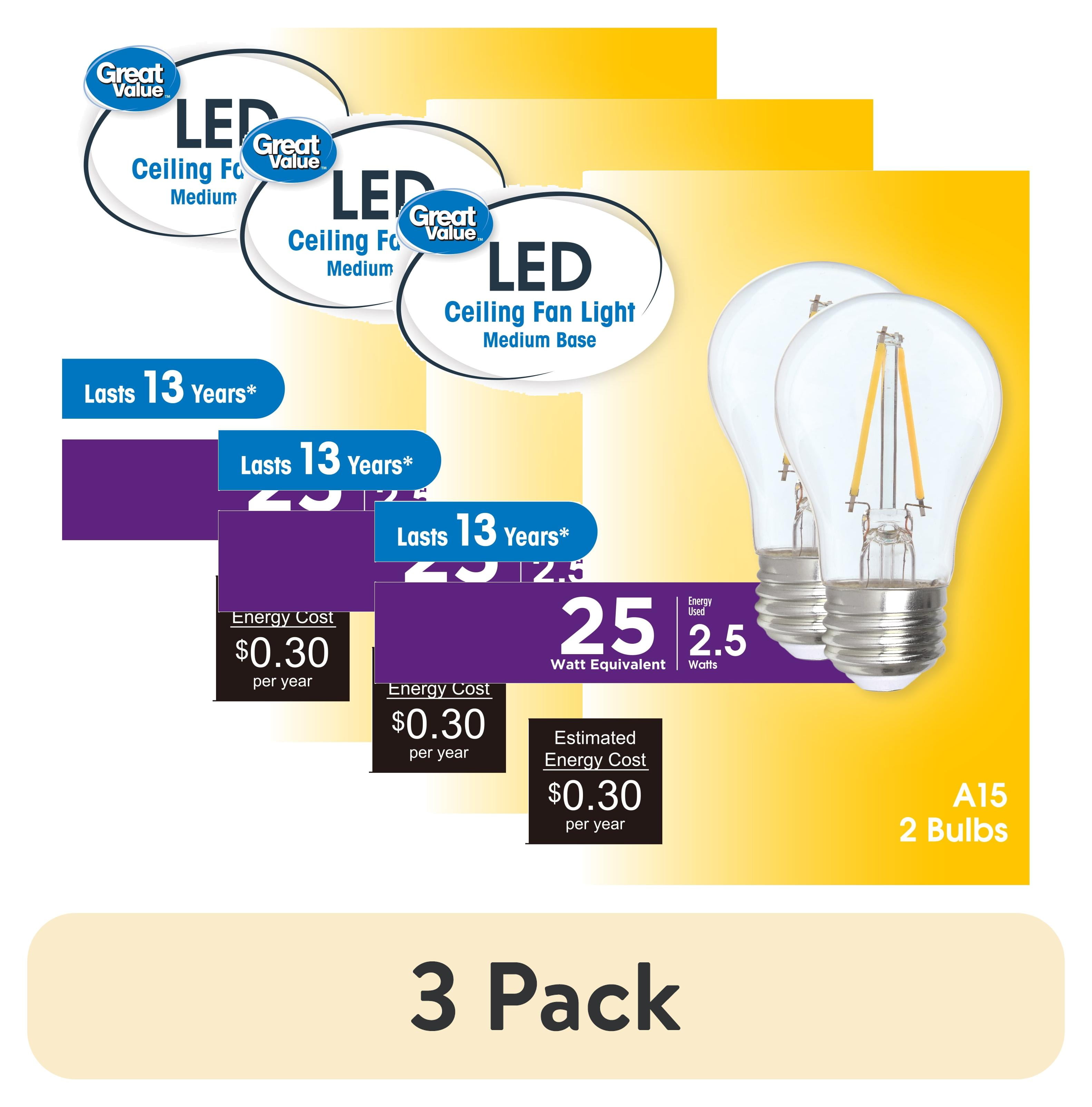 (3 pack) Great Value LED Ceiling Fan Bulb 2.5W (25W Equivalent) Soft White A15 with E26 Base Dimmable, 2PK