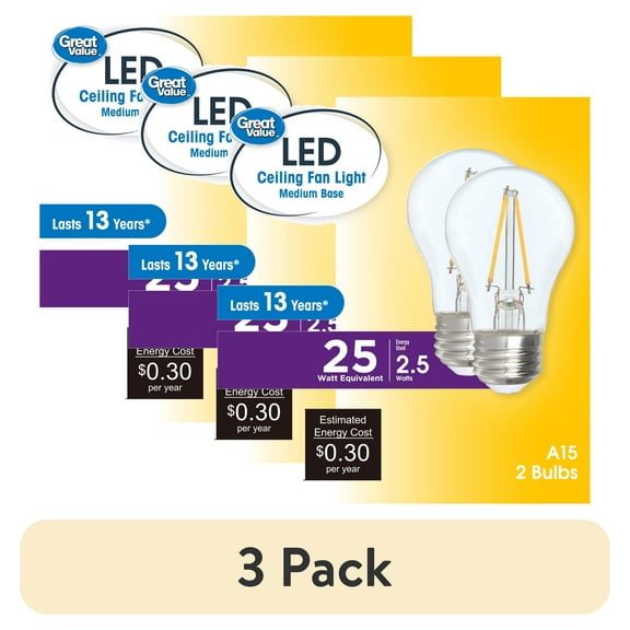 (3 pack) Great Value LED Ceiling Fan Bulb 2.5W (25W Equivalent) Soft White A15 with E26 Base Dimmable, 2PK