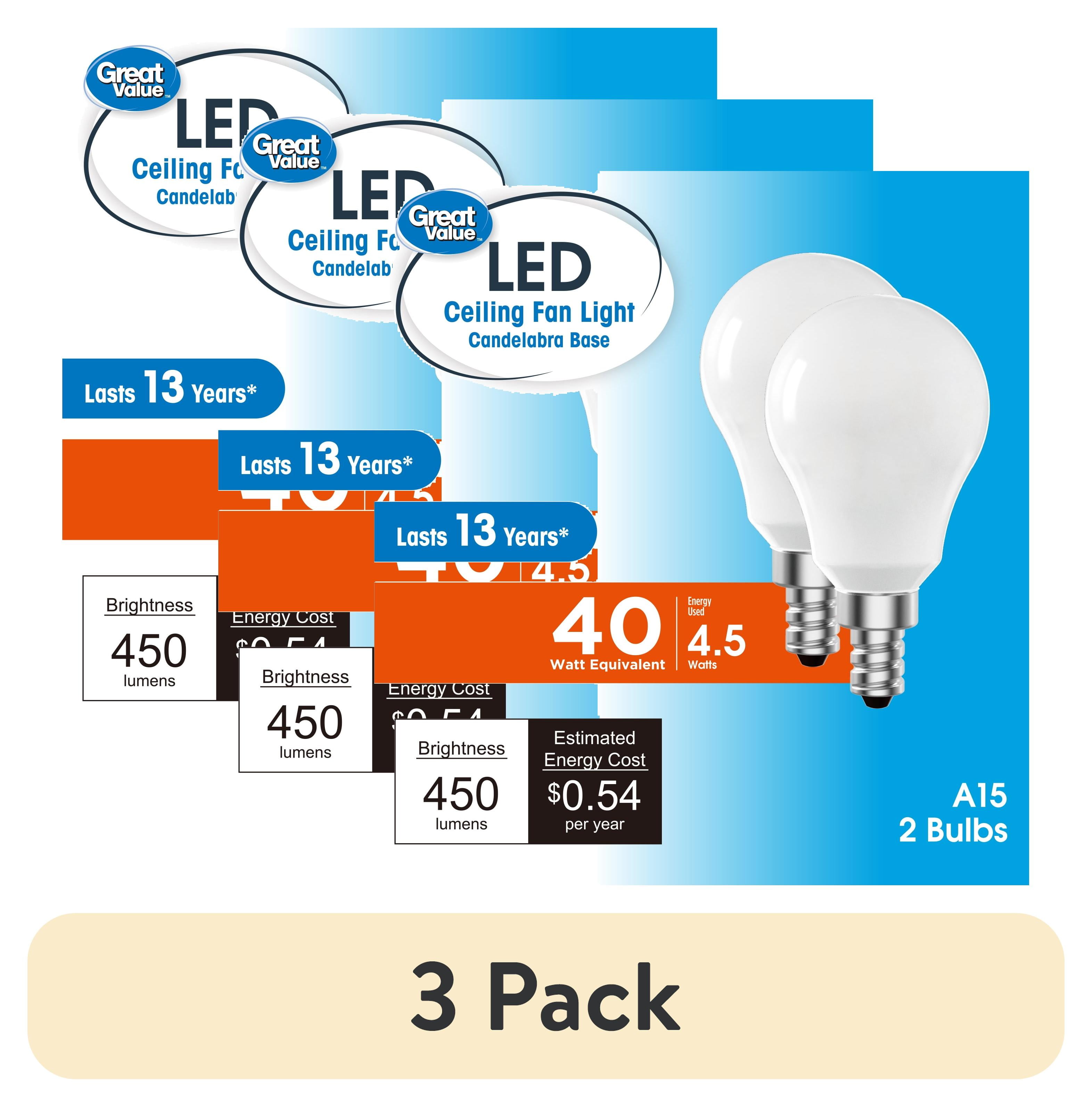 (6 pack) Great Value LED Ceiling Fan Bulb 4.5W (40W Equivalent) Daylight , A15 with E12 Base Dimmable, 2PK