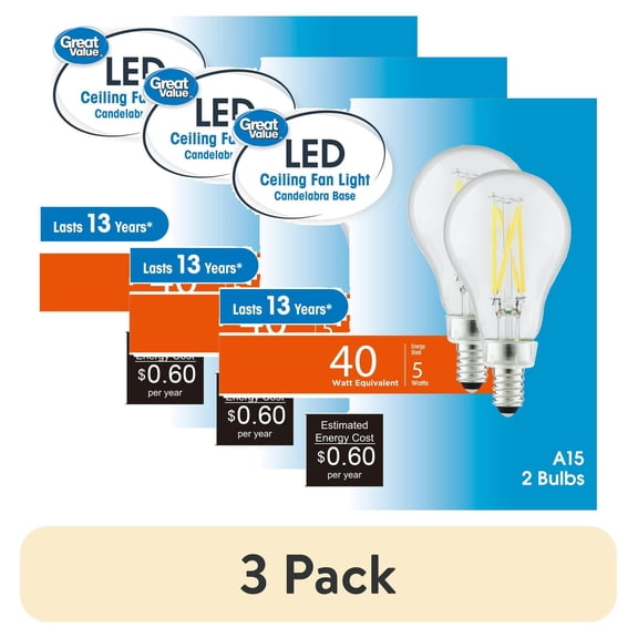 (3 pack) Great Value LED Ceiling Fan Bulb 5W (40W Equivalent) Daylight A15 with E12 Base Dimmable, 2 Pack CA