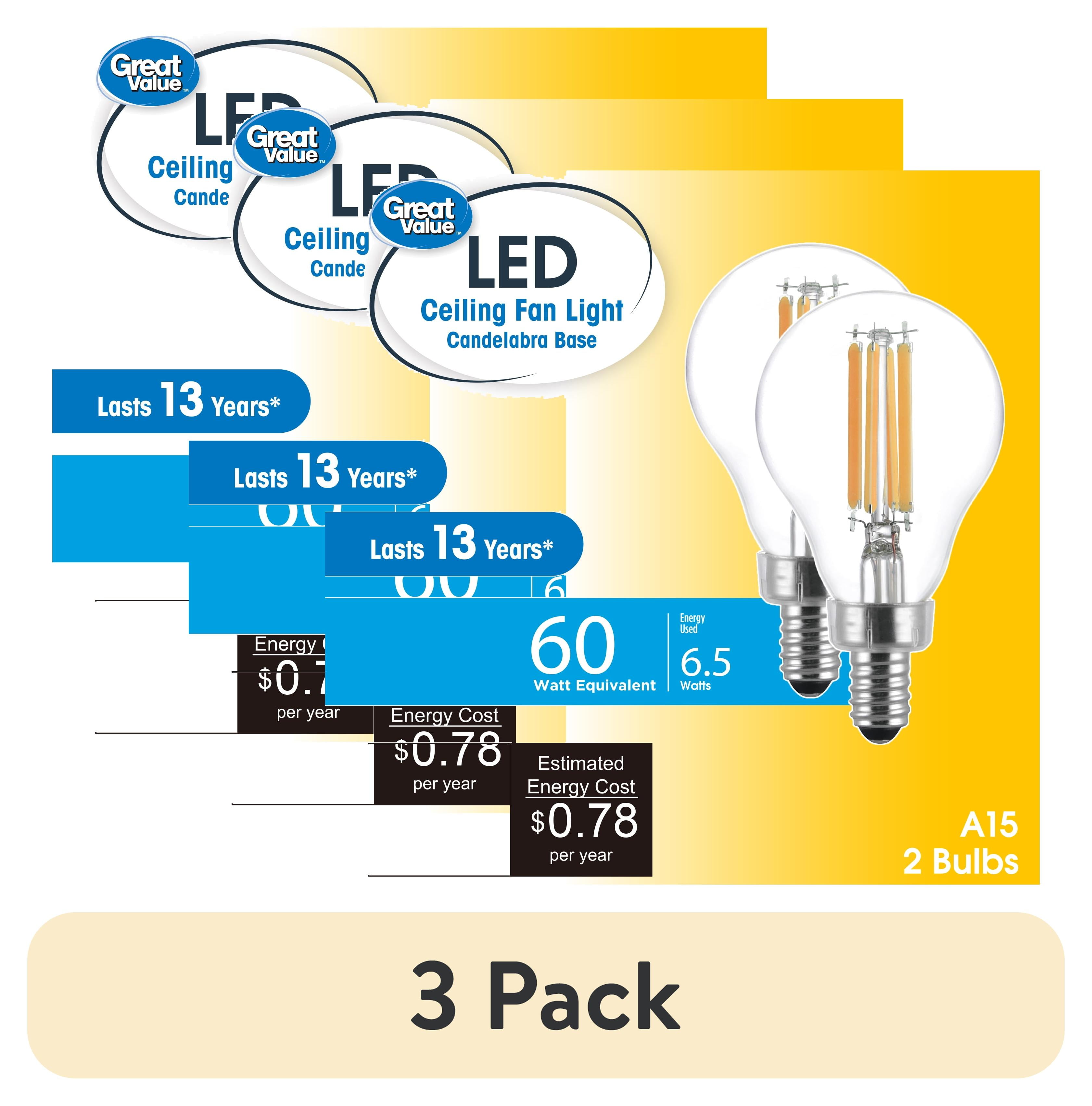 (6 pack) Great Value LED Ceiling Fan Bulb, 6.5-Watt (60W Eqv.) A15 Shape E12 Base Soft White, 2 Pack