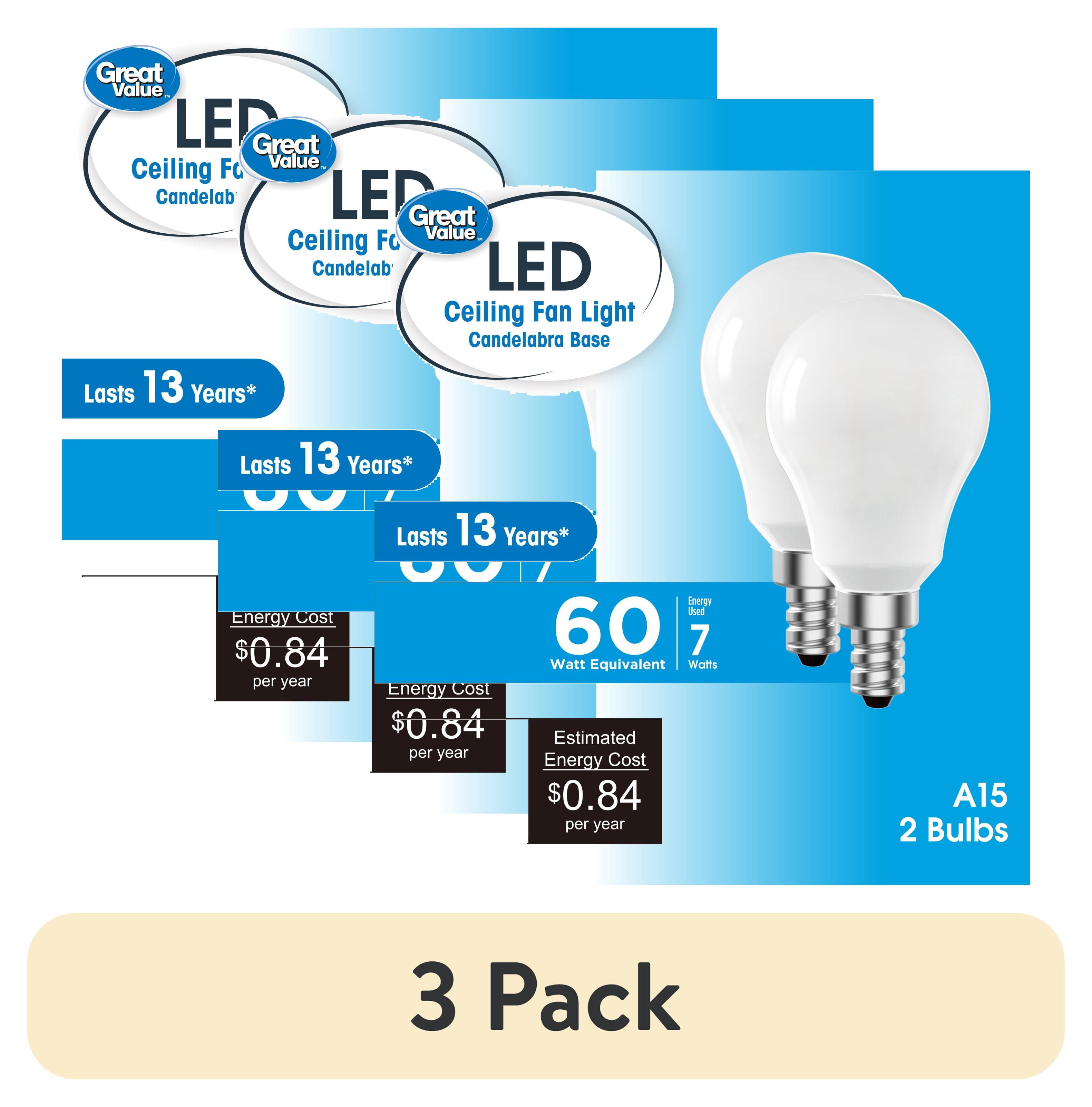 (6 pack) Great Value LED Ceiling Fan Bulb 7W (60W Equivalent) Daylight, A15 with E12 Base Dimmable, 2PK