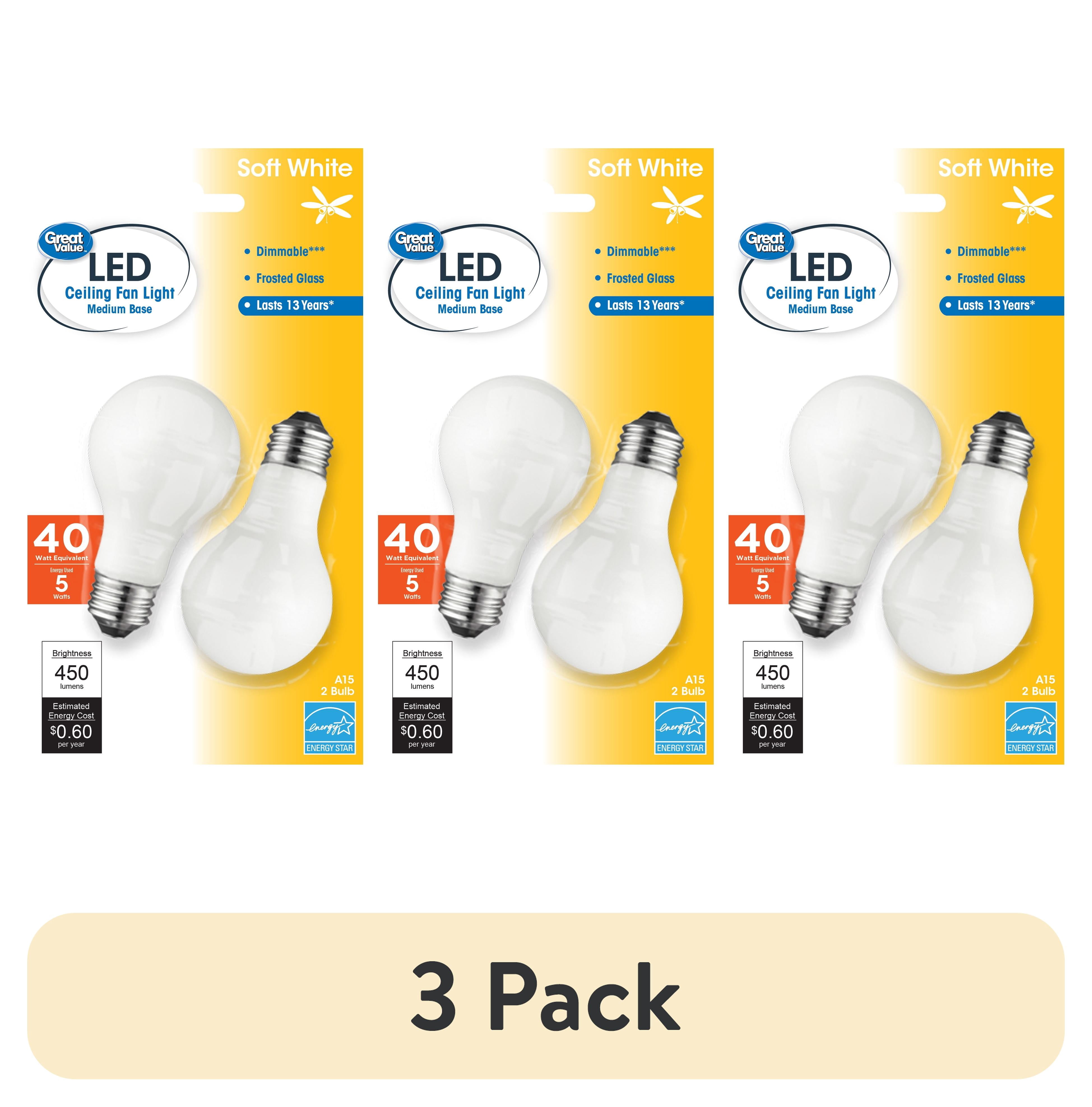 (3 pack) Great Value LED Light Bulb, 5 Watts (40W Eqv.) A15 Ceiling Fan Frosted Lamp E26 Base, Dimmable, Soft White, 2-Pack