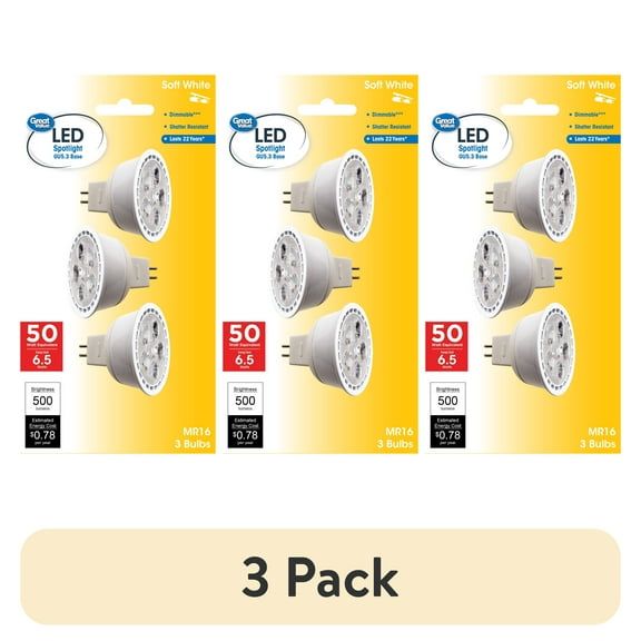 (1 pack) Great Value LED Light Bulb, 7 Watts (50W Equivalent) MR16 Lamp GU5.3 Base, Dimmable, Soft White, 3-Pack
