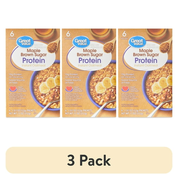 (3 pack) Great Value Maple & Brown Sugar Protein Instant Oatmeal, 1.83 oz, 6 Count